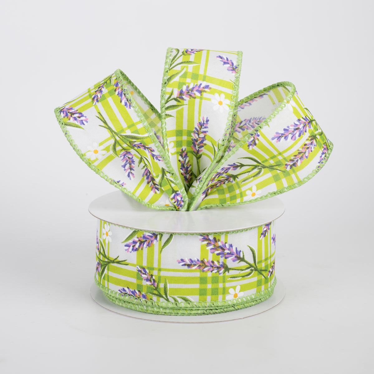 1.5" Satin Lavender Flowers on Plaid Ribbon: Green (10 Yards)