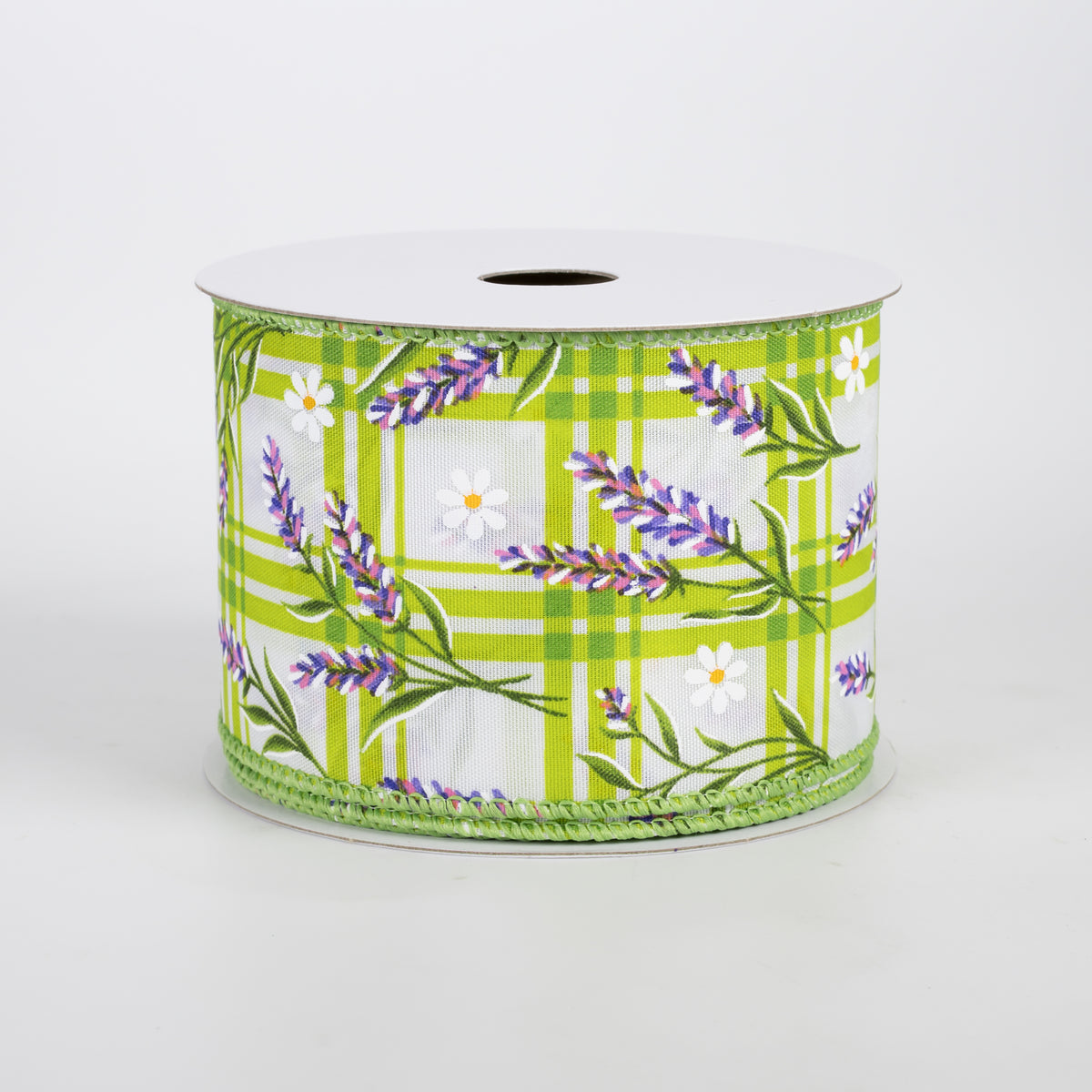 2.5" Satin Lavender Flowers on Plaid Ribbon: Green (10 Yards)