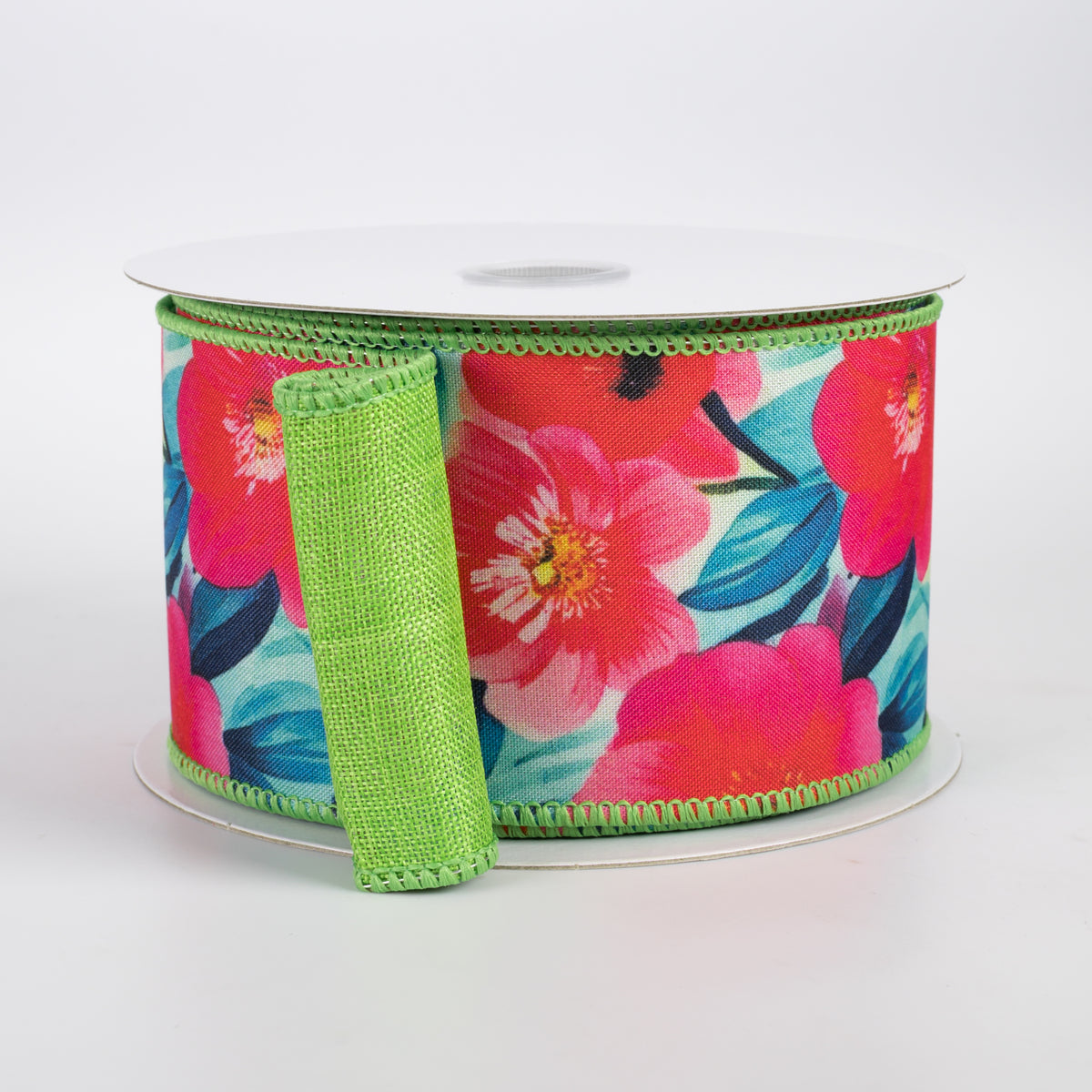 2.5" Double Sided Fused Begonia Flowers Ribbon: Lime Green (10 Yards)
