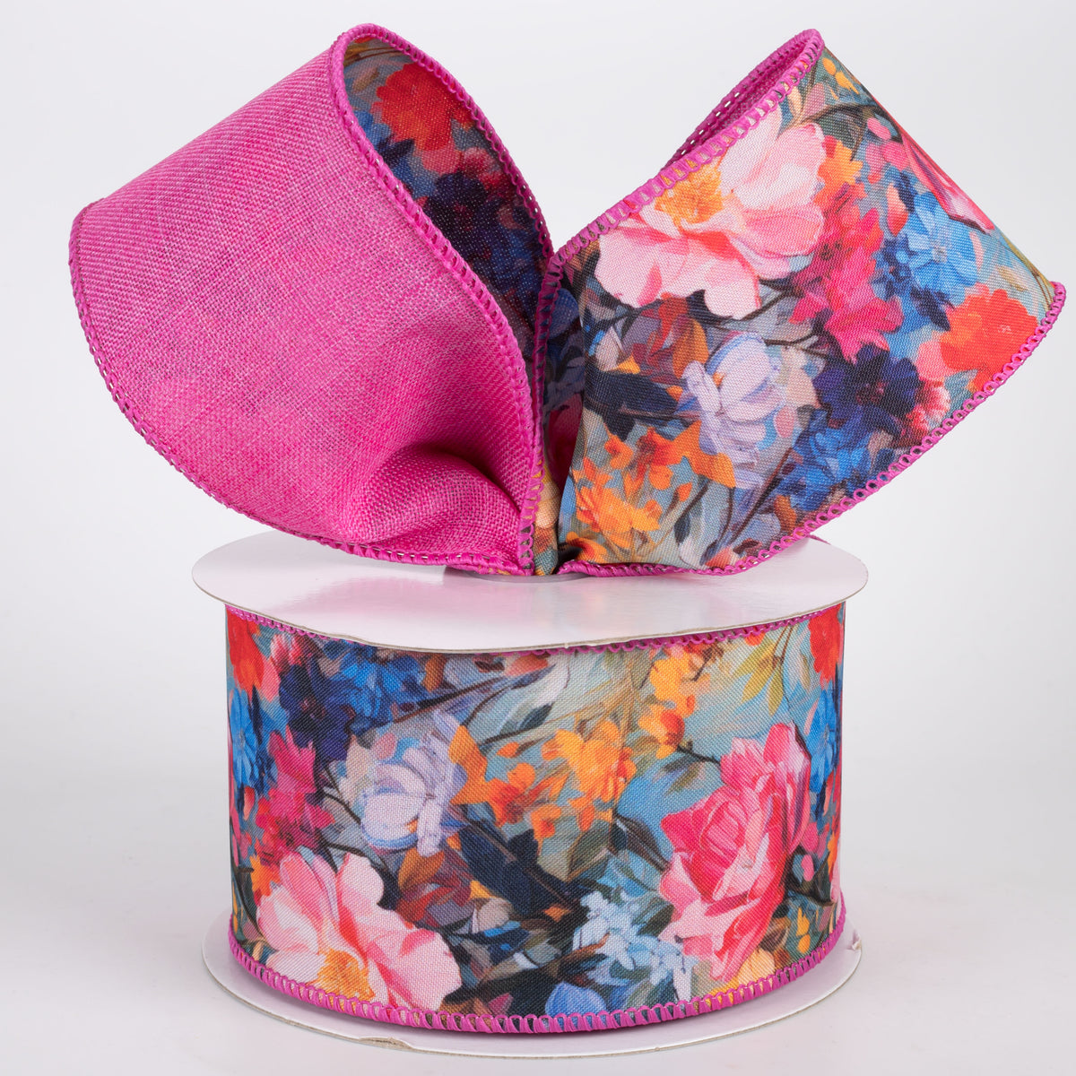 2.5" Double Sided Fused Oil Painting Flowers Ribbon: Fuchsia Pink (10 Yards)
