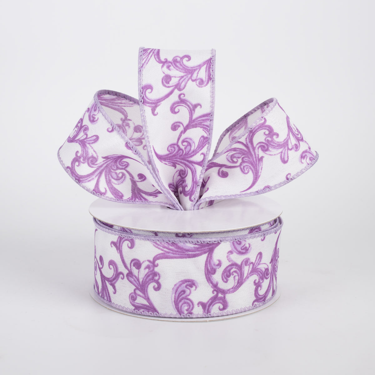 1.5" Satin Chinoiserie Swirls Ribbon: Purple on White (10 Yards)
