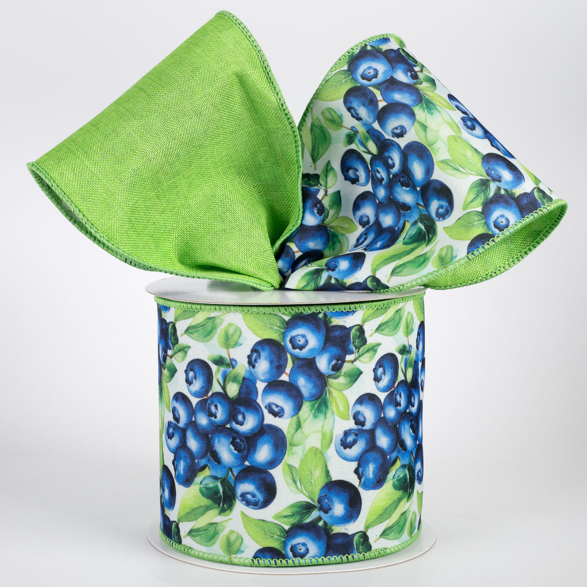 4" Double Sided Fused Jumbo Blueberries Ribbon: Lime Green (10 Yards)