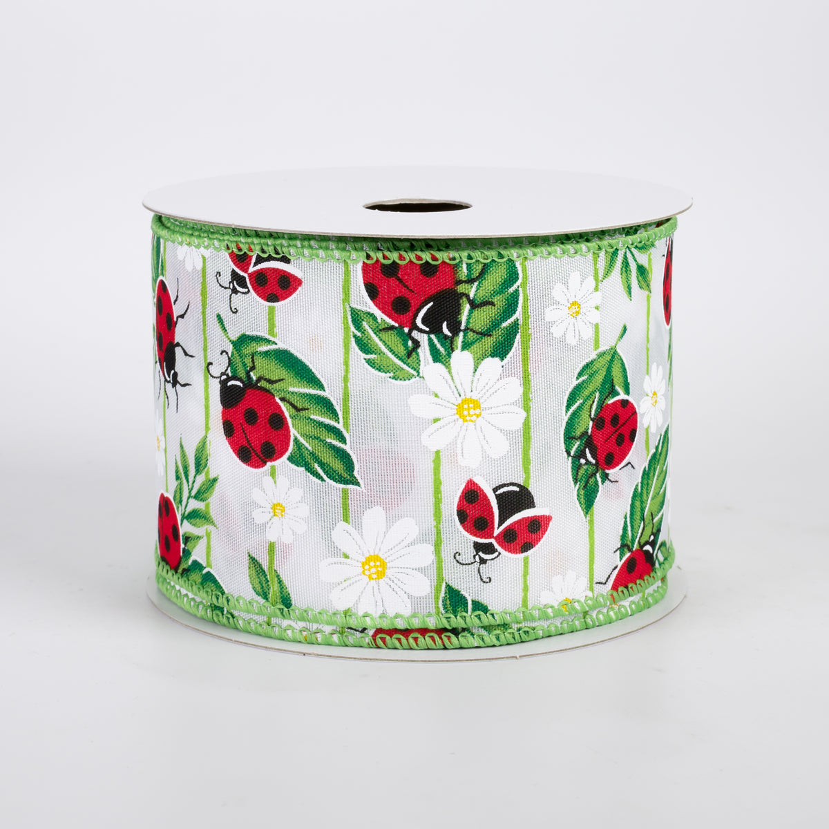 2.5" Satin Ladybugs on Leaves Ribbon: White (10 Yards)