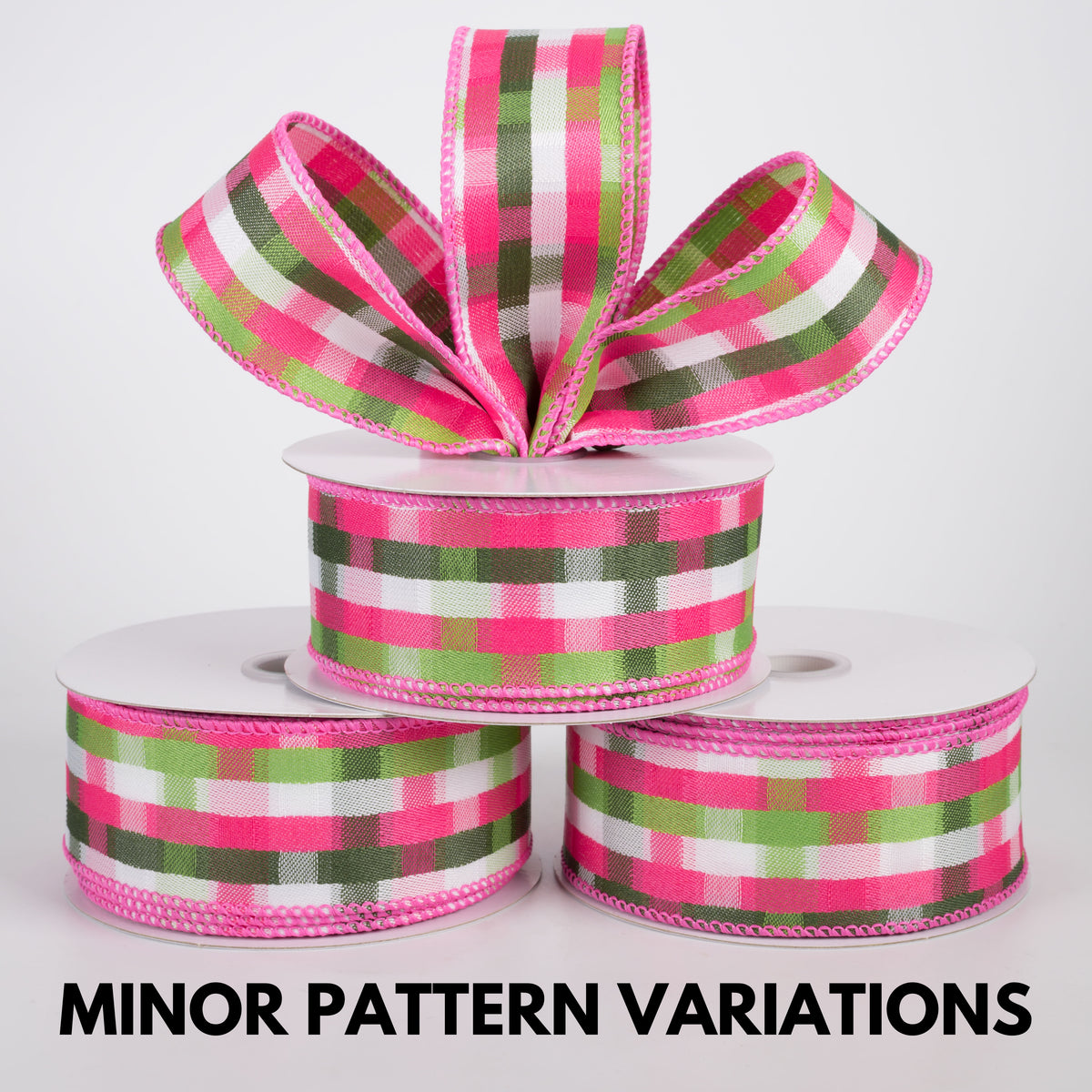 1.5" Mosaic Plaid Ribbon: Fuchsia, Lime, Moss & White (10 Yards)