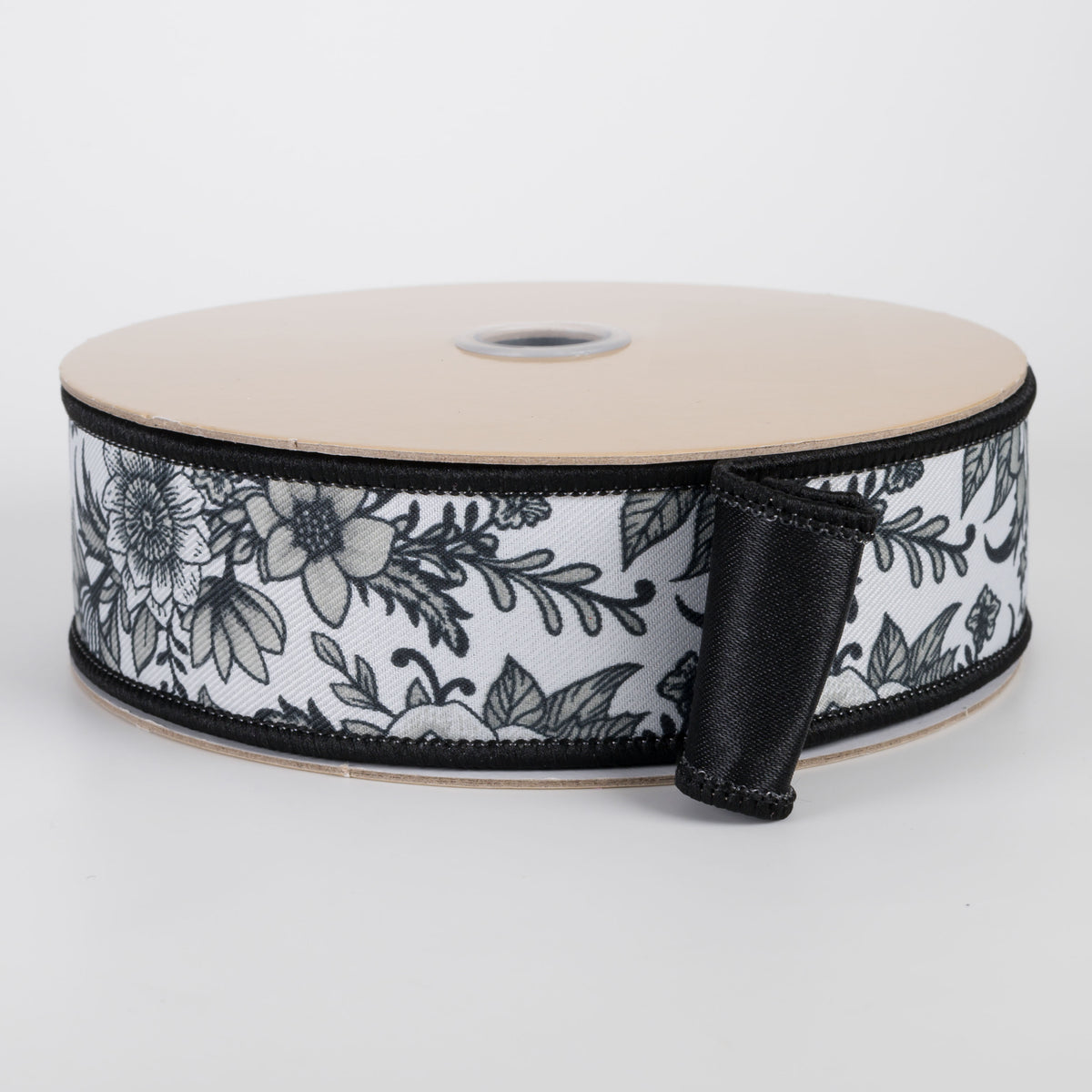 1.5" Double Sided Fused Chinoiserie Floral Ribbon: White & Black (10 Yards)