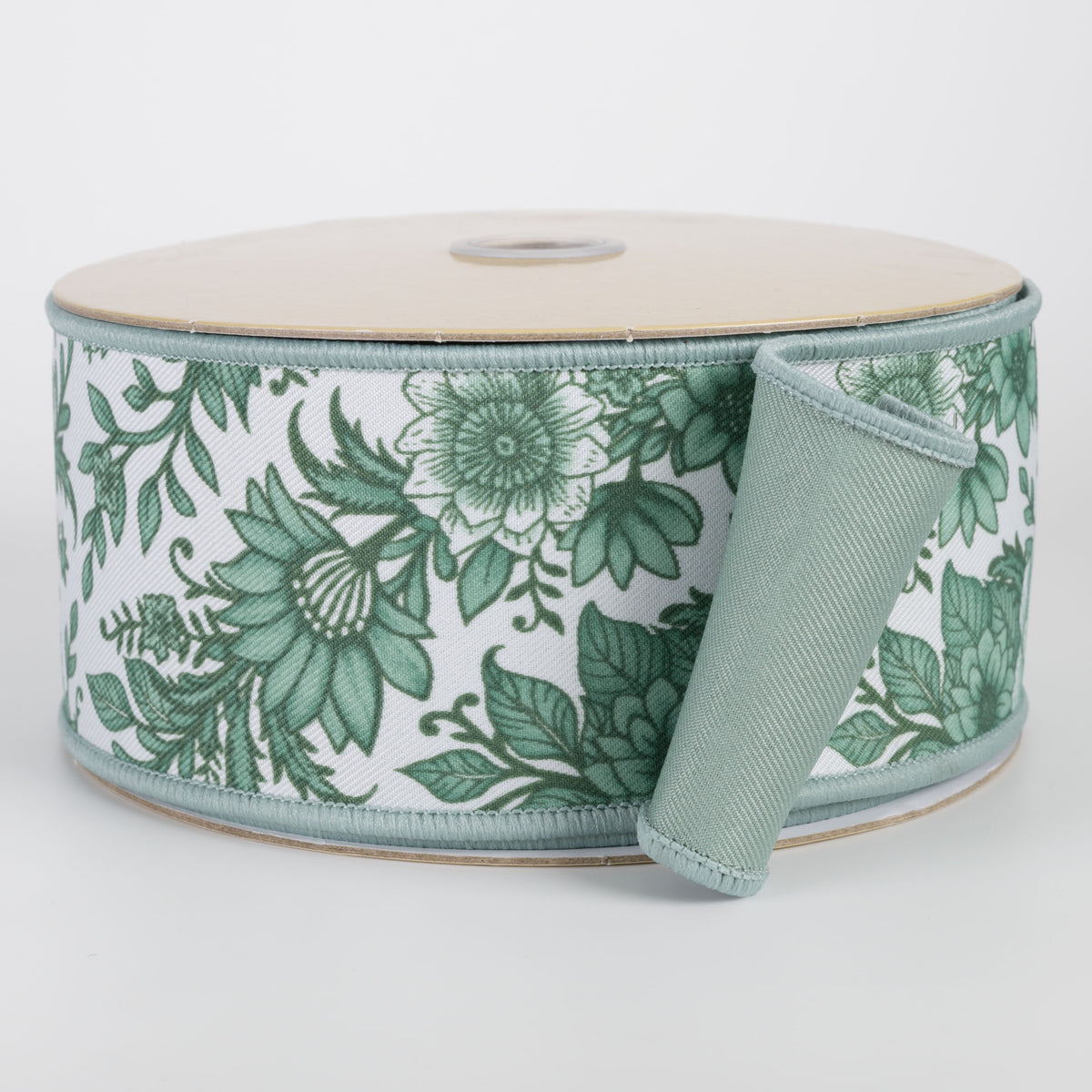 2.5" Double Sided Fused Chinoiserie Floral Ribbon: White & Sage Green (10 Yards)