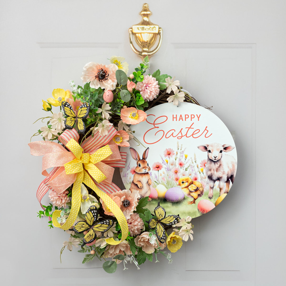 12" Round Metal Sign: Happy Easter Bunny, Lamb & Chick
