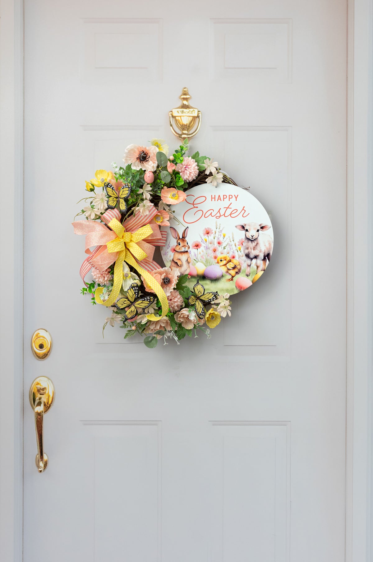 12" Round Metal Sign: Happy Easter Bunny, Lamb & Chick