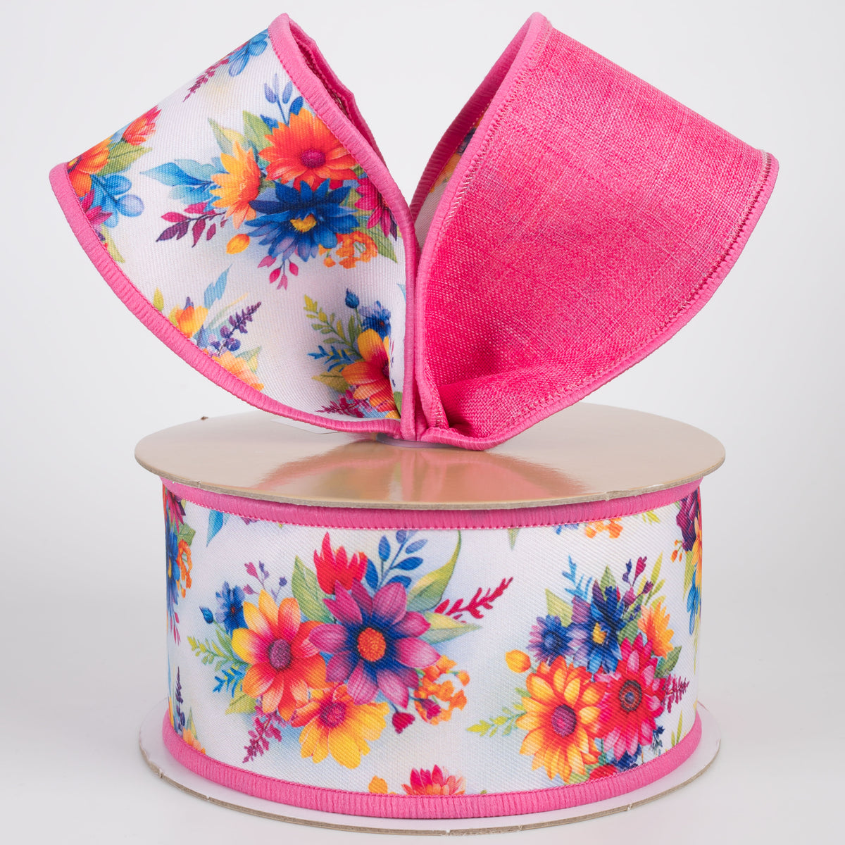 2.5" Double Sided Fused Bright Flowers Ribbon: Hot Pink (10 Yards)