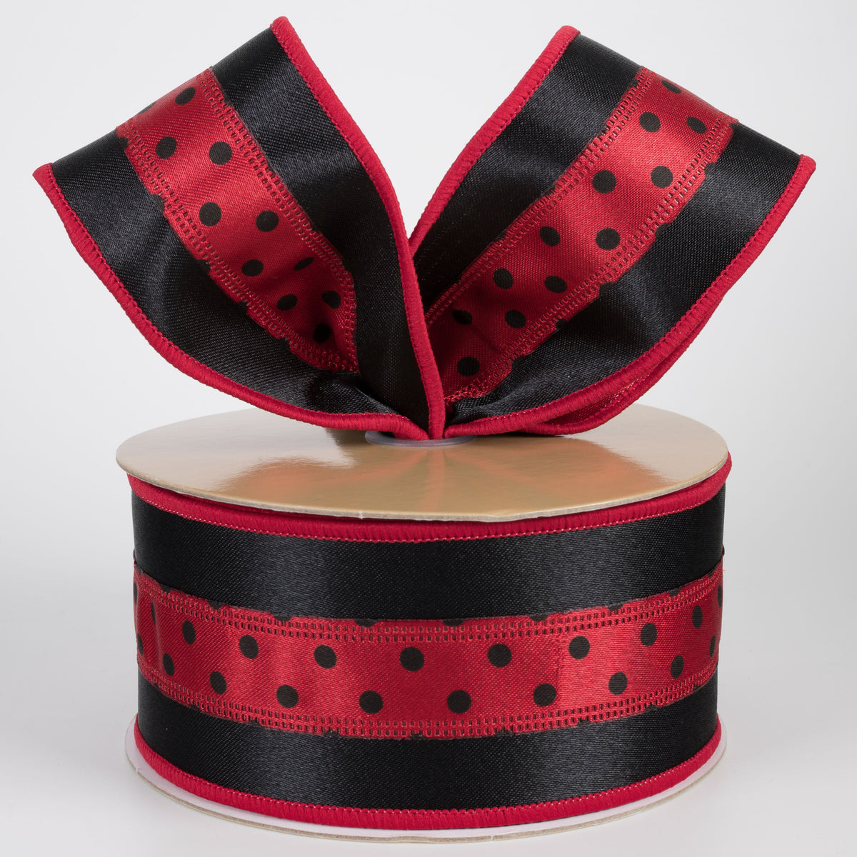 2.5" Double Sided Fused 3-in-1 Polka Dot Ribbon: Black & Red (10 Yards)