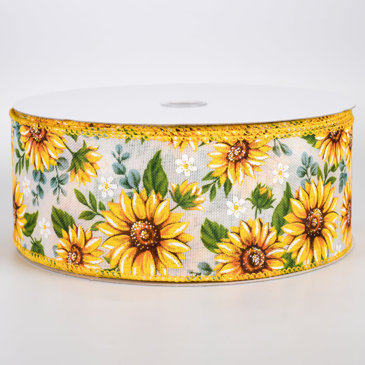 2.5" Linen Sunflowers & Eucalyptus Ribbon: White (50 Yards)