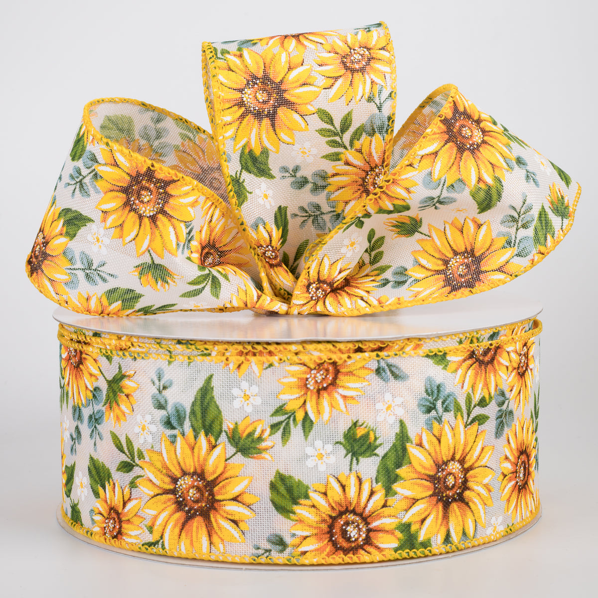 2.5" Linen Sunflowers & Eucalyptus Ribbon: White (50 Yards)