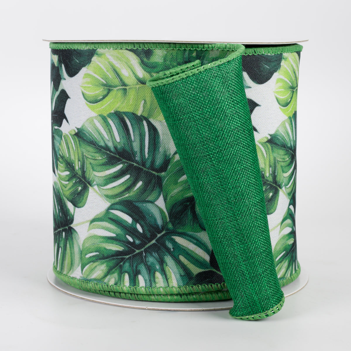 4" Double Sided Fused Lush Monstera Leaves Ribbon: Green (10 Yards)