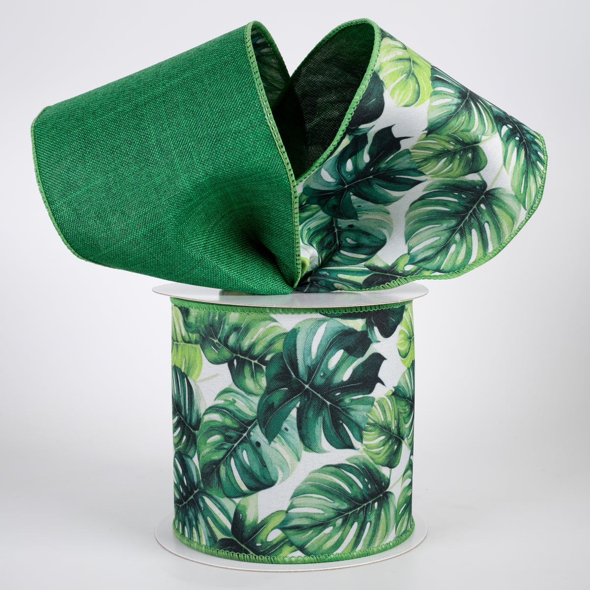 4" Double Sided Fused Lush Monstera Leaves Ribbon: Green (10 Yards)