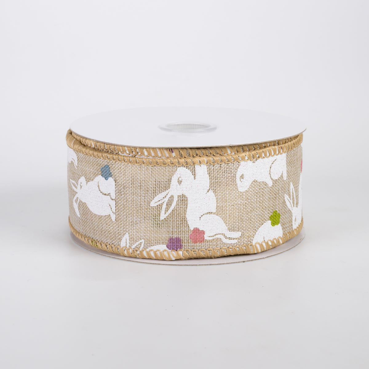 1.5" Linen Glittered Jumping Bunnies Ribbon: Natural (10 Yards)
