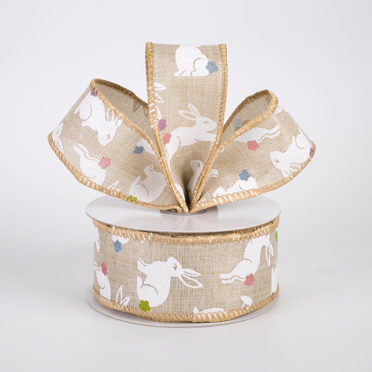 1.5" Linen Glittered Jumping Bunnies Ribbon: Natural (10 Yards)