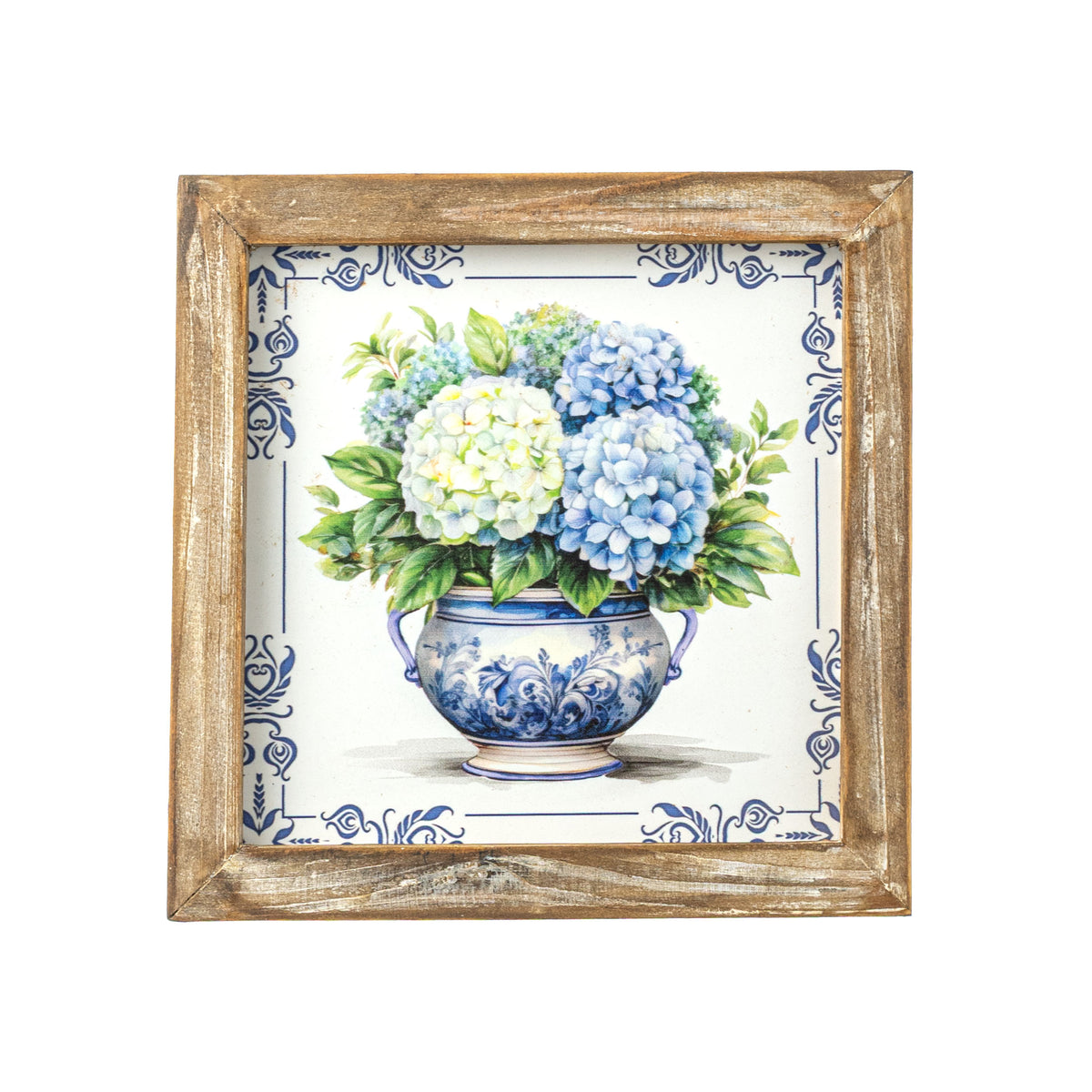 8" Square Framed Wooden Sign: Chinoiserie Blue Hydrangea
