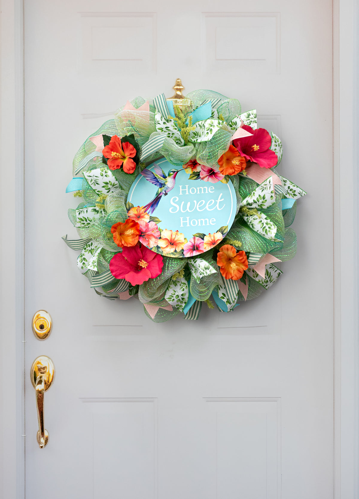 12" Round Metal Sign: Home Sweet Home Hibiscus Hummingbird