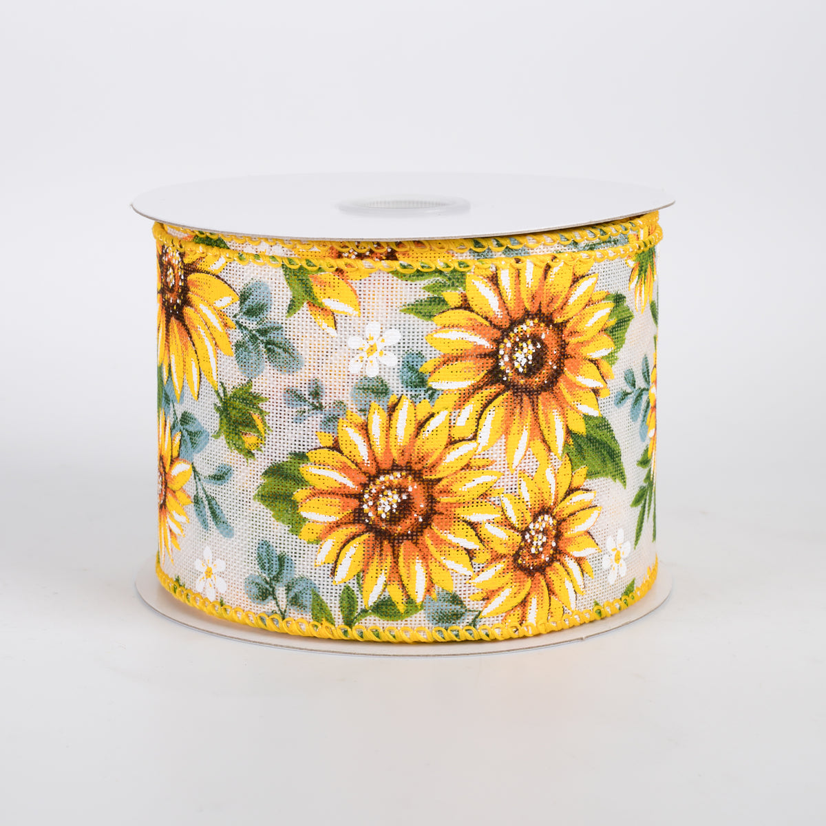 2.5" Linen Sunflowers & Eucalyptus Ribbon: White (10 Yards)