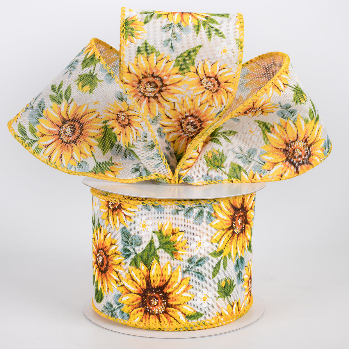 2.5" Linen Sunflowers & Eucalyptus Ribbon: White (10 Yards)