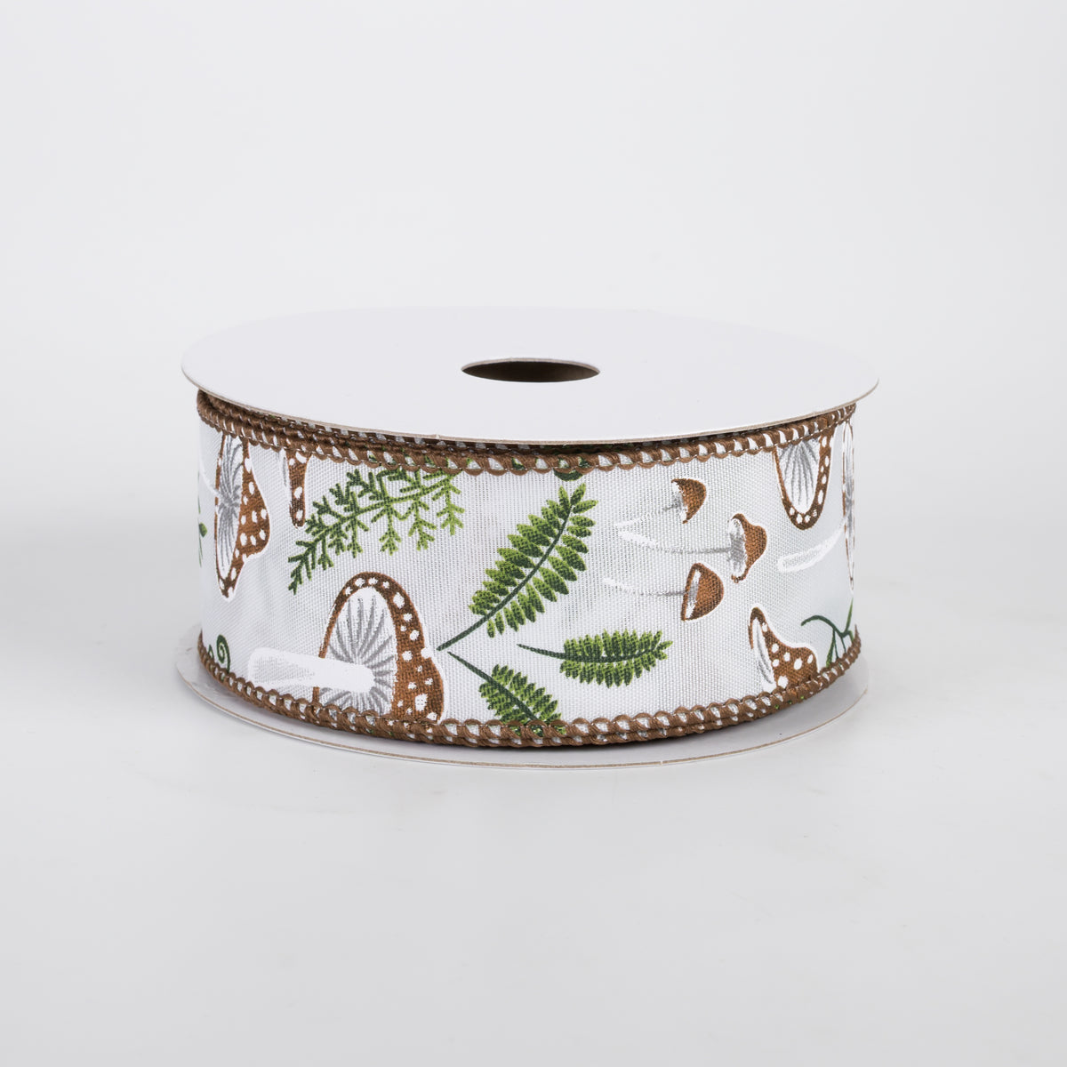 1.5" Satin Mushrooms & Ferns Ribbon: White (10 Yards)