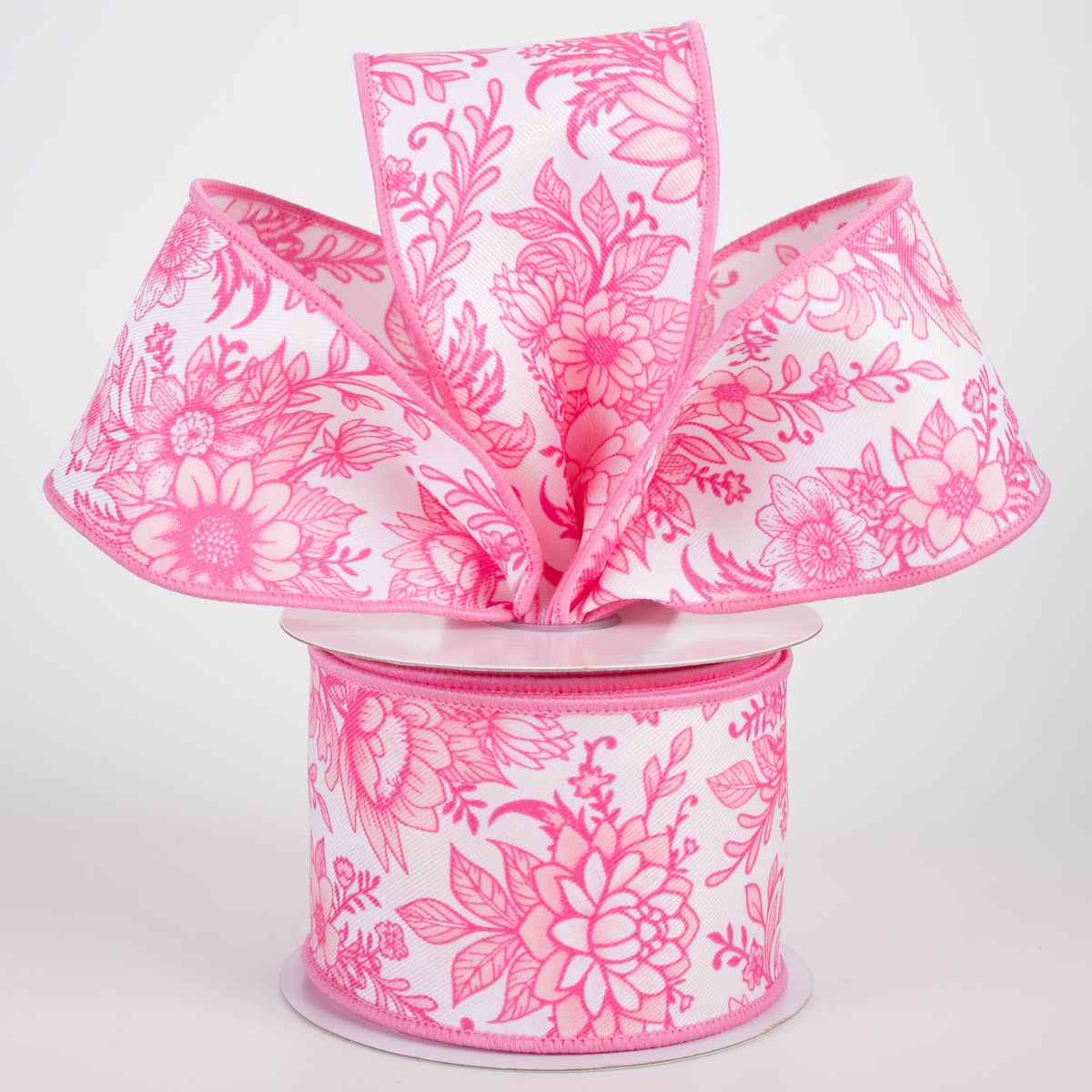 2.5" Chinoiserie Florals Ribbon: Pinks on White (10 Yards)