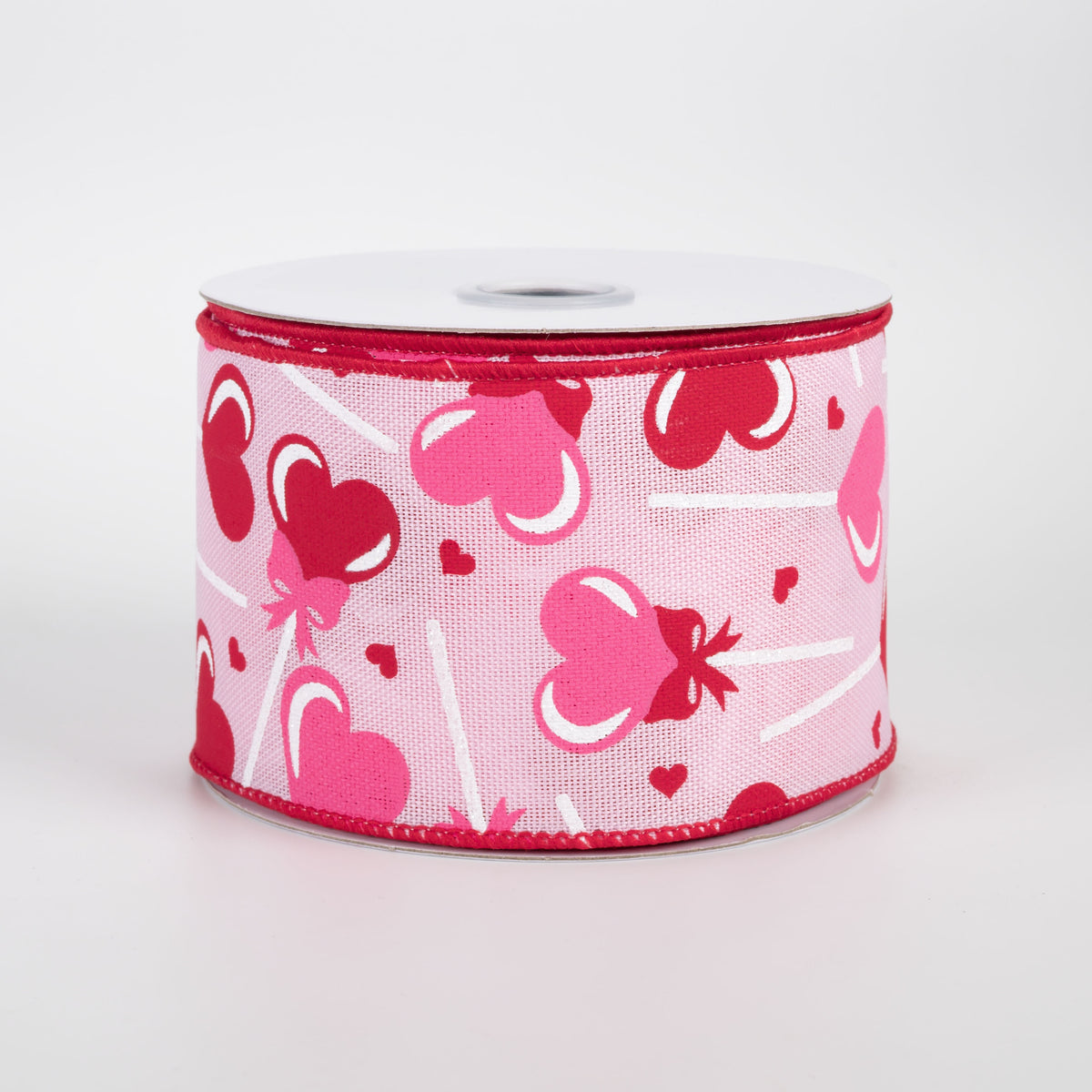 2.5" Heart Lollipops Candy Ribbon: Red & Pink on Pink (10 Yards)