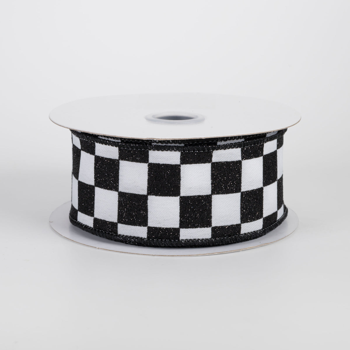 1.5" Printed Glitter Race Check Ribbon: Black on White (10 Yards)