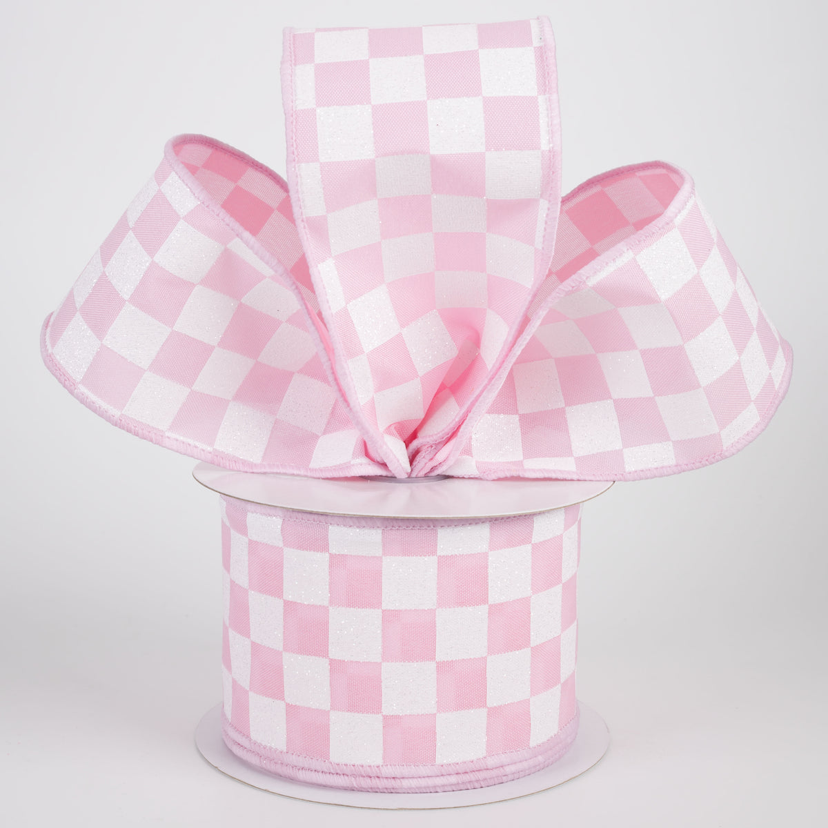 2.5" Printed Glitter Race Check Ribbon: White on Pink (10 Yards)