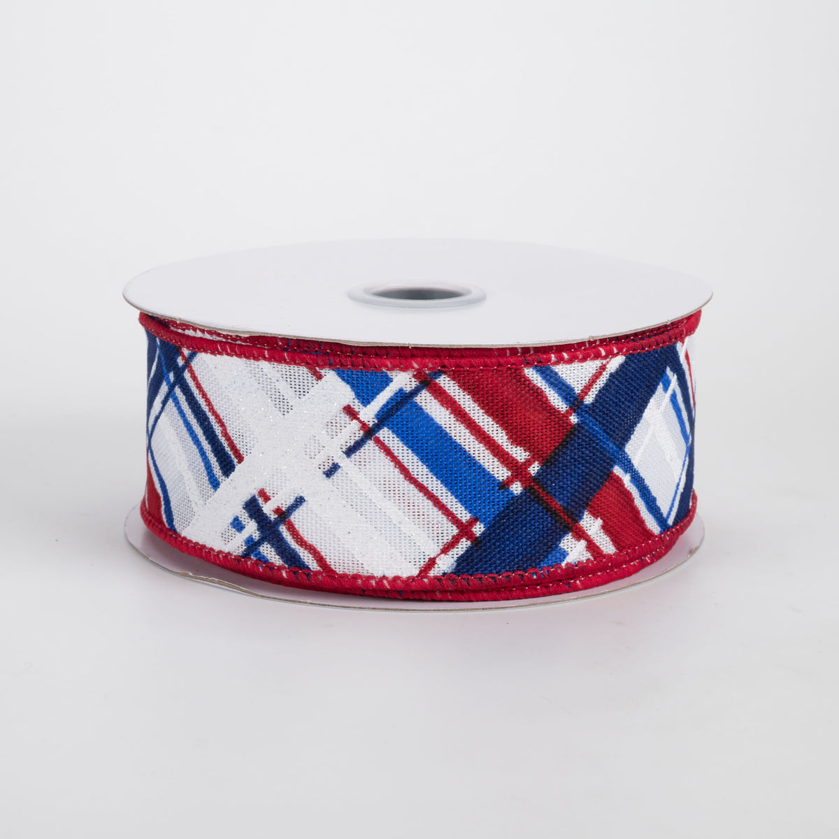 1.5" Diagonal Painted Plaid Ribbon: Red, White & Blue (10 Yards)