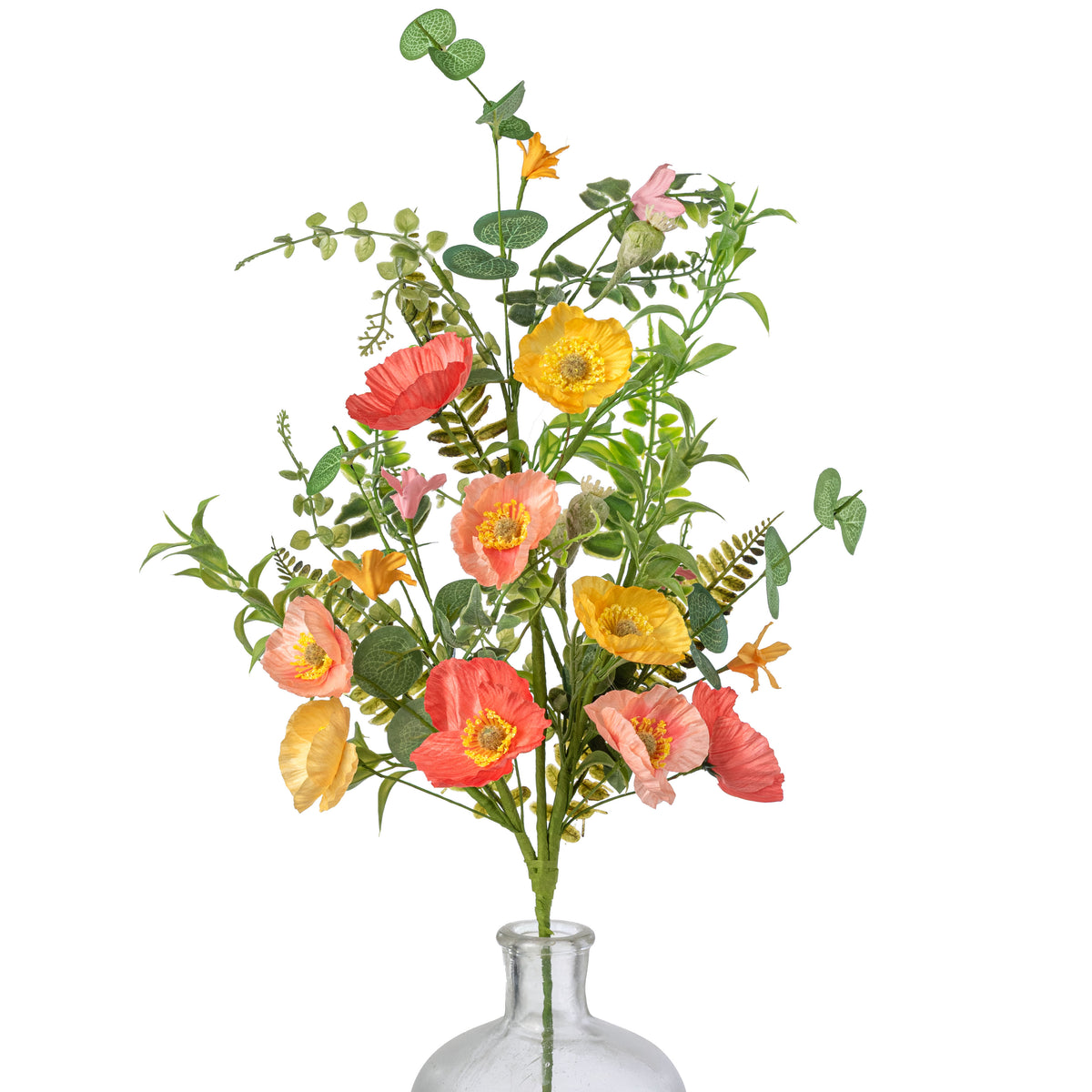 26" Fabric Poppy Flower & Fern Spray: Orange, Coral & Yellow