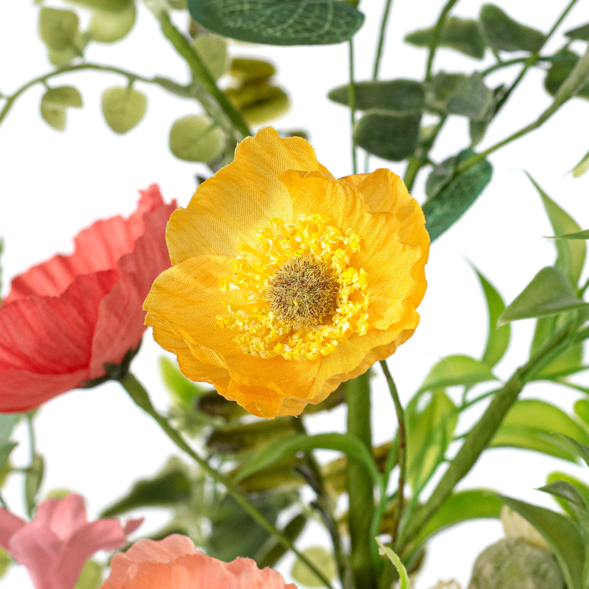 26" Fabric Poppy Flower & Fern Spray: Orange, Coral & Yellow