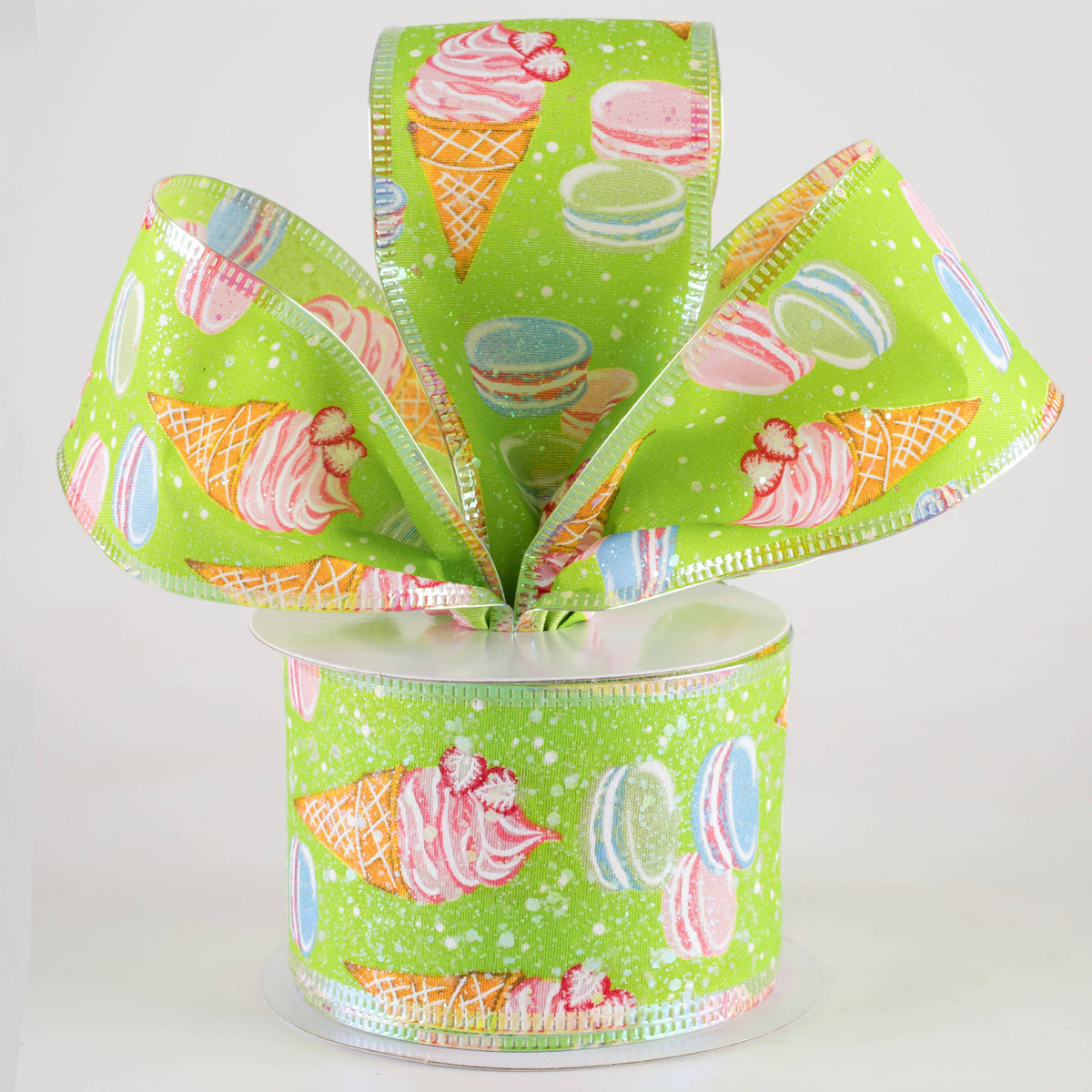 2.5" Iridescent Ice Cream & Macarons Ribbon: Lime Green (10 Yards) Lifestyle Photo