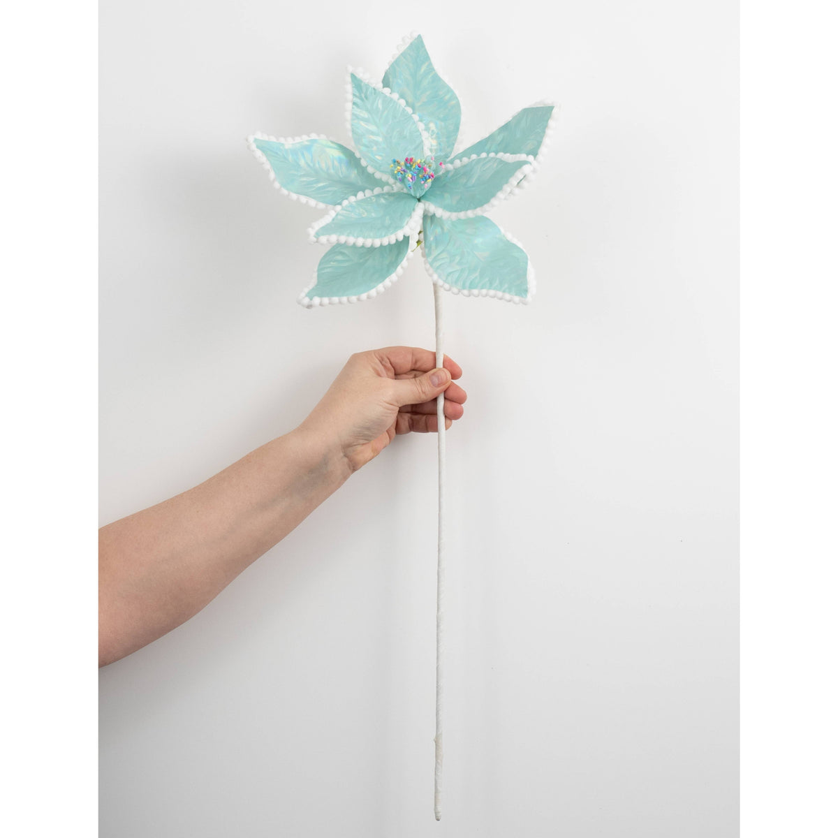 24" Iridescent Poinsettia Sprinkles Stem: Ice Blue detail photo 3