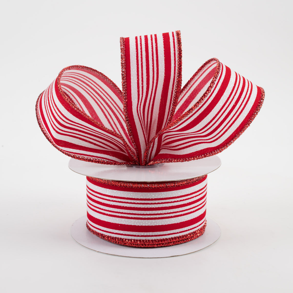 1.5" Iridescent Ticking Stripes Satin Ribbon: White & Red (10 Yards) Lifestyle Photo