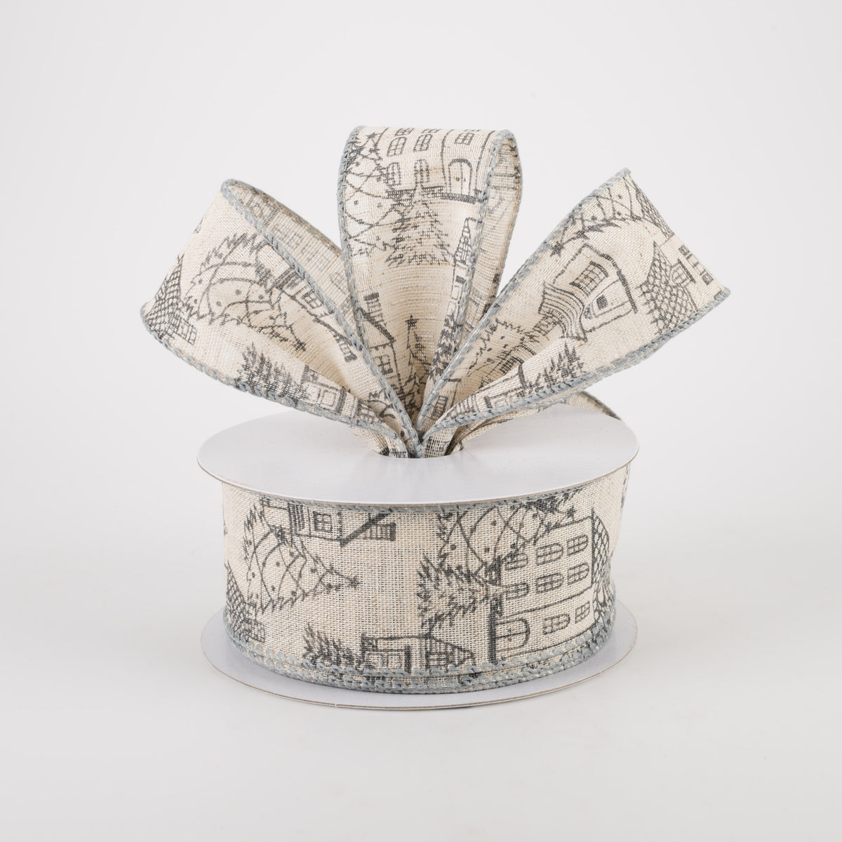 1.5" Ivory Canvas Outlined Houses Ribbon: Grey (10 Yards) Lifestyle Photo