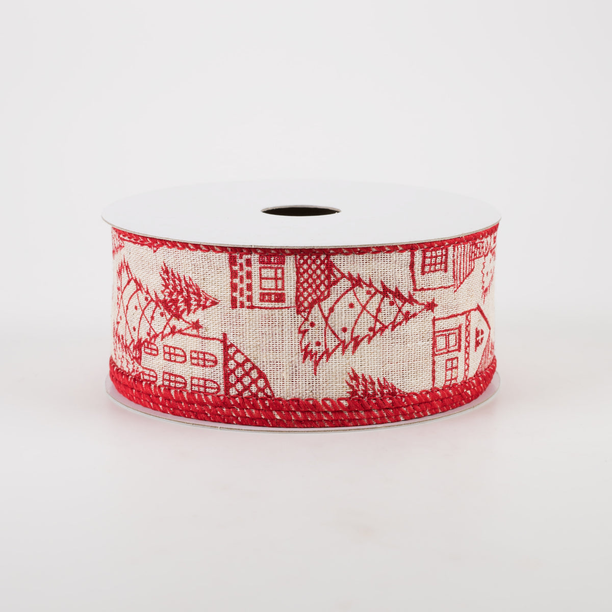1.5" Ivory Canvas Outlined Houses Ribbon: Red (10 Yards) Item Number: 71160-09-12