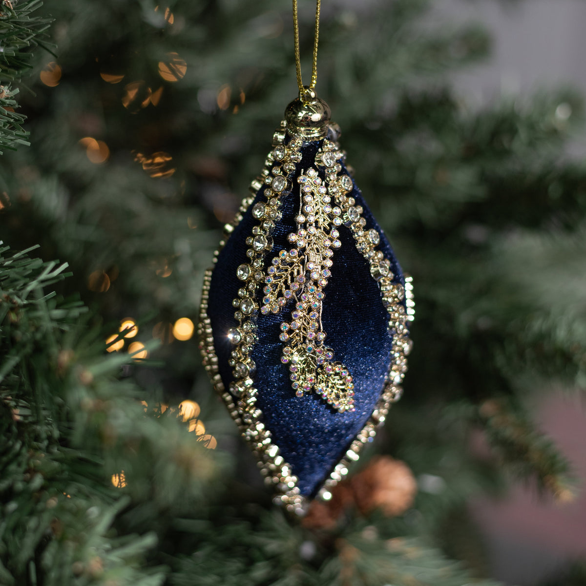 6" Jeweled Diamond Finial Ornament: Dark Blue & Gold Lifestyle Photo