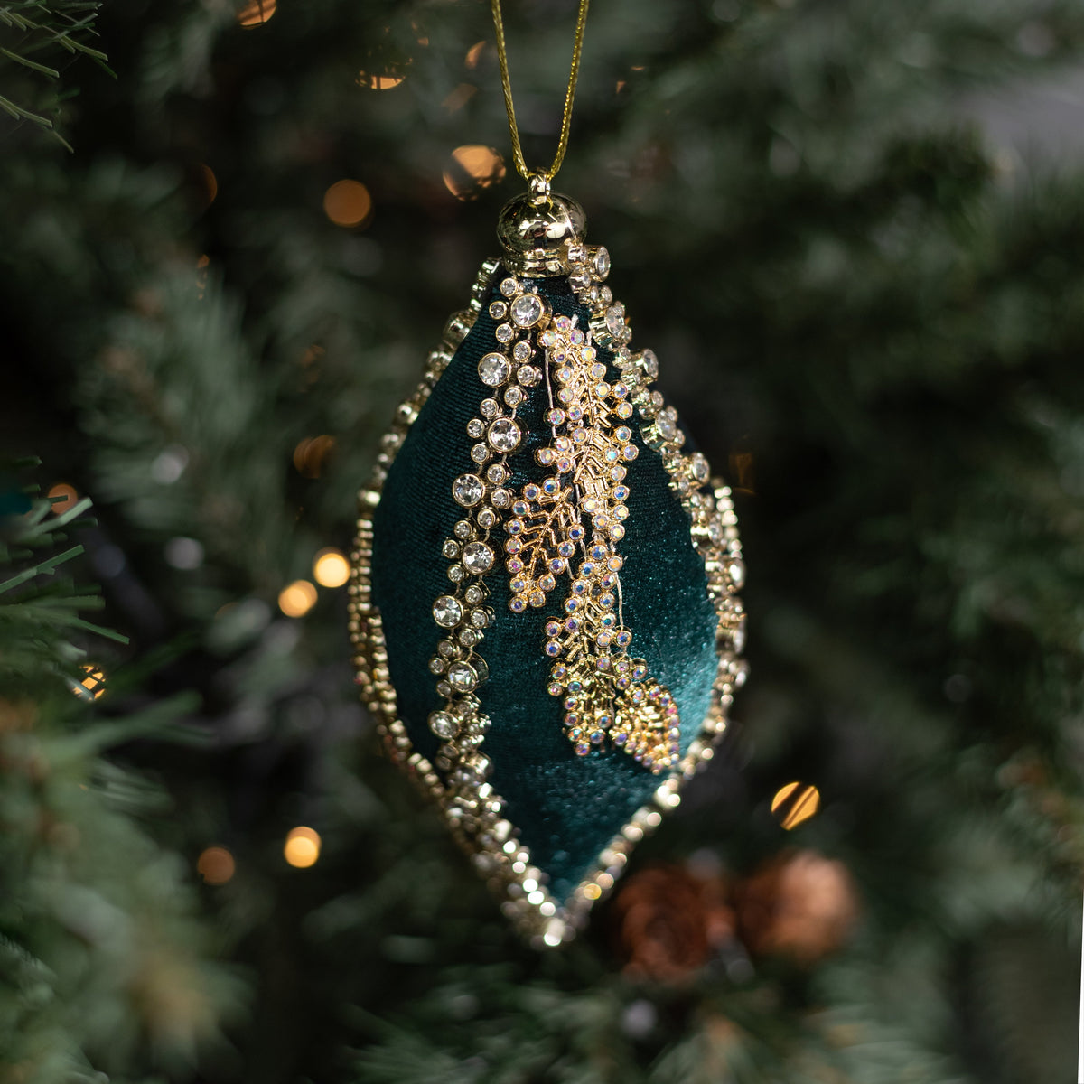6" Jeweled Diamond Finial Ornament: Green & Gold Lifestyle Photo