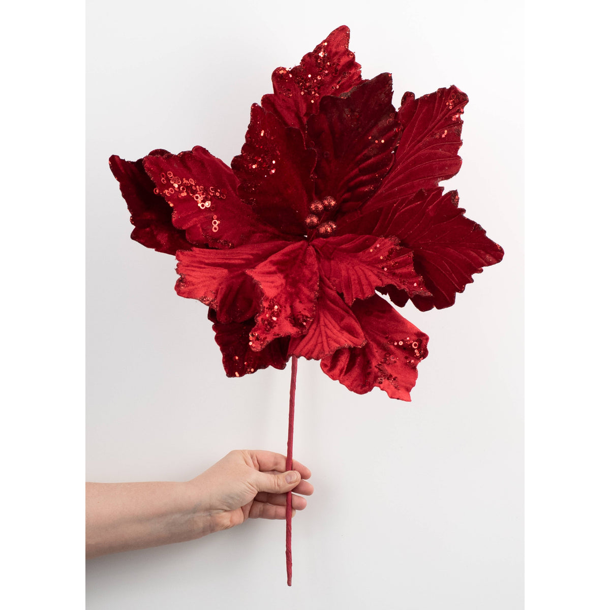 19" x 25" Jumbo Deluxe Velvet Poinsettia Stem: Cranberry Red detail photo 3