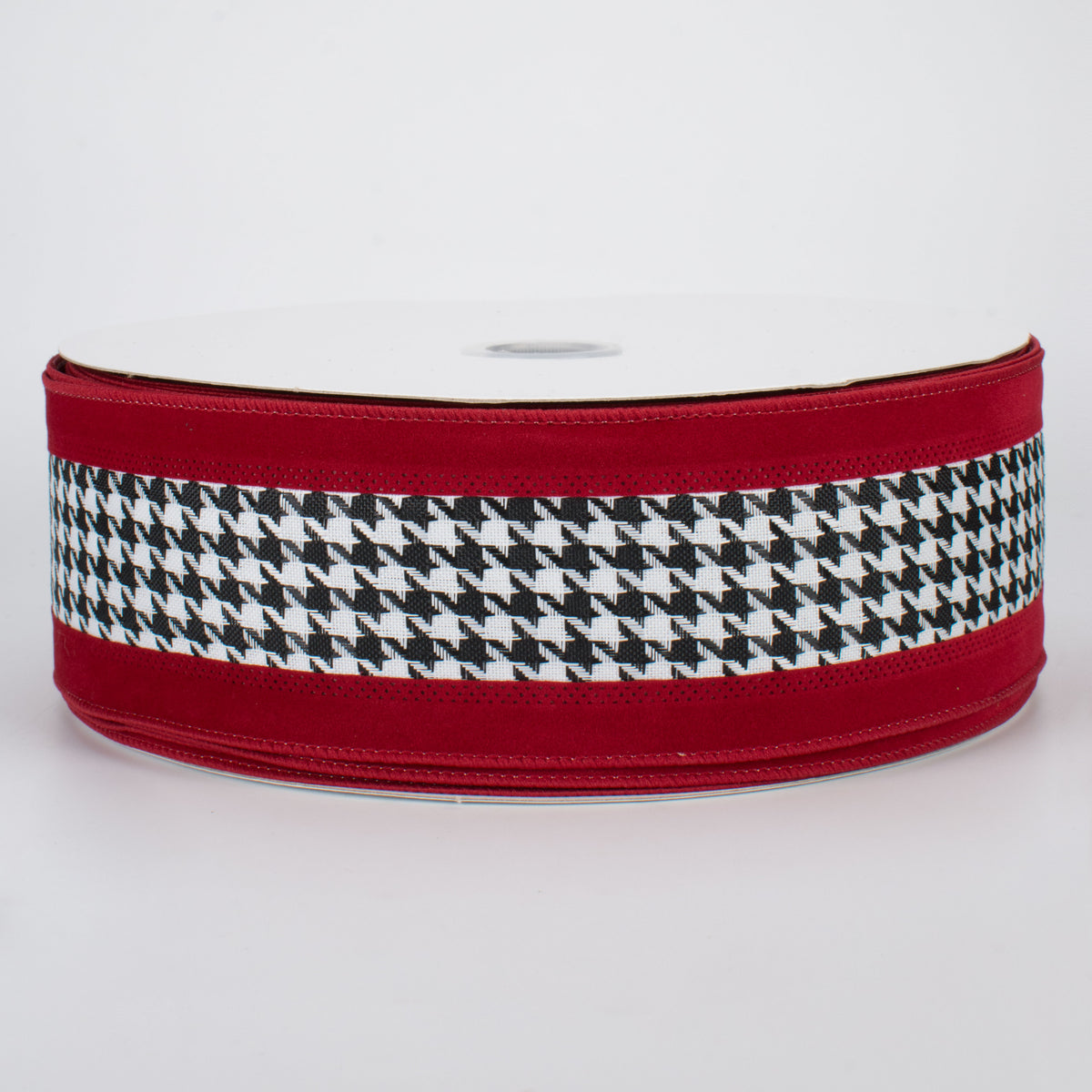 2.5" Large Houndstooth Velvet Ribbon: White, Black, Crimson (50 Yards)
