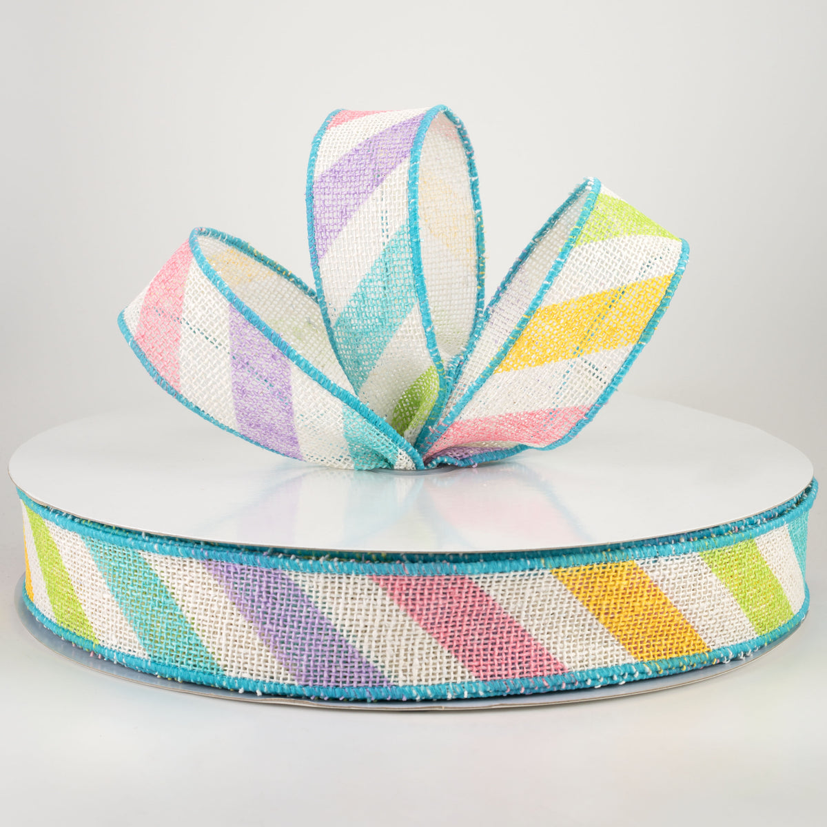1.5" Large Multi Diagonal Stripe Ribbon: Off White & Pastels (50 Yards) Lifestyle Photo