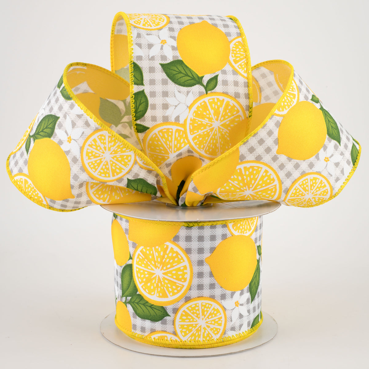 2.5" Lemon With Leaves Check Ribbon: Light Grey (10 Yards) Lifestyle Photo