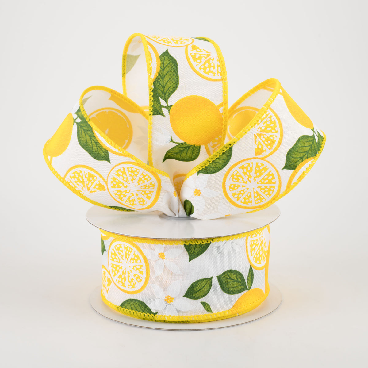 1.5" Lemon With Leaves Flower Ribbon: White (10 Yards) Lifestyle Photo