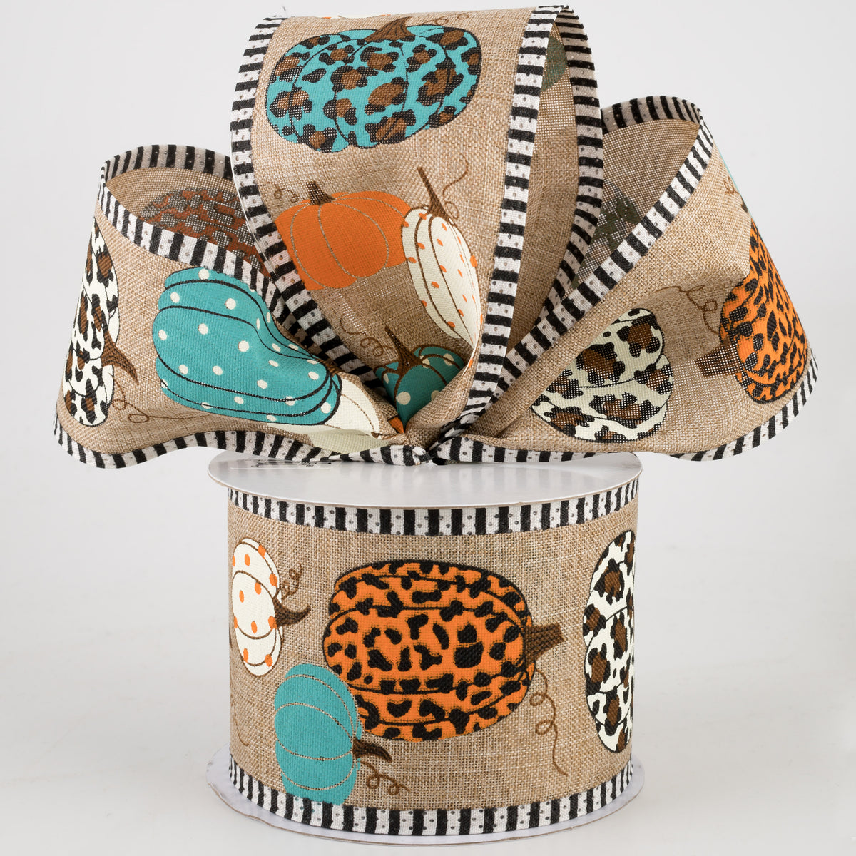 2.75" Leopard Pumpkins Thin Stripe Edge Ribbon: Light Beige (10 Yards) Lifestyle Photo