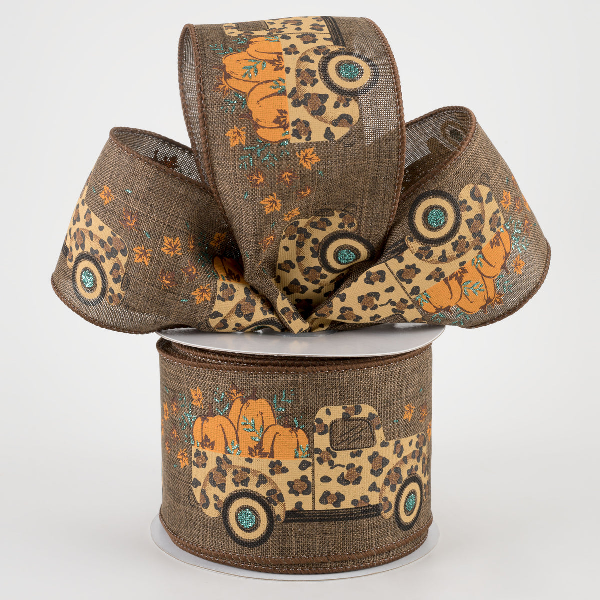 2.5" Leopard Truck With Pumpkins Ribbon: Brown (10 Yards) Lifestyle Photo