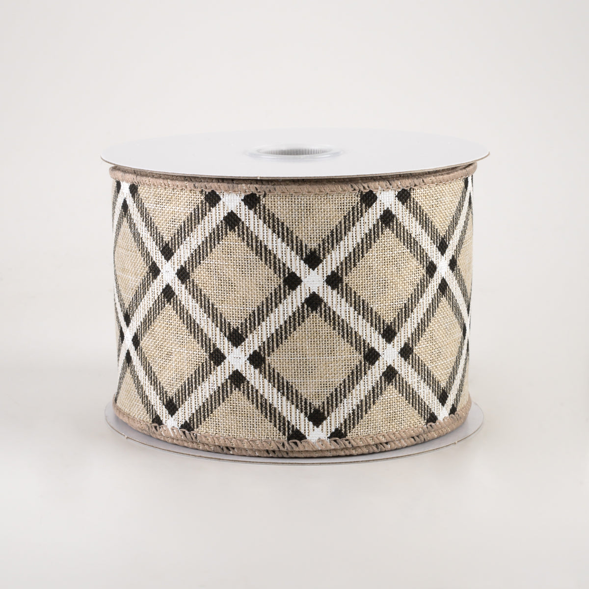 2.5" Linen Asher Plaid Ribbon: Light Natural, Black & White (10 Yards)