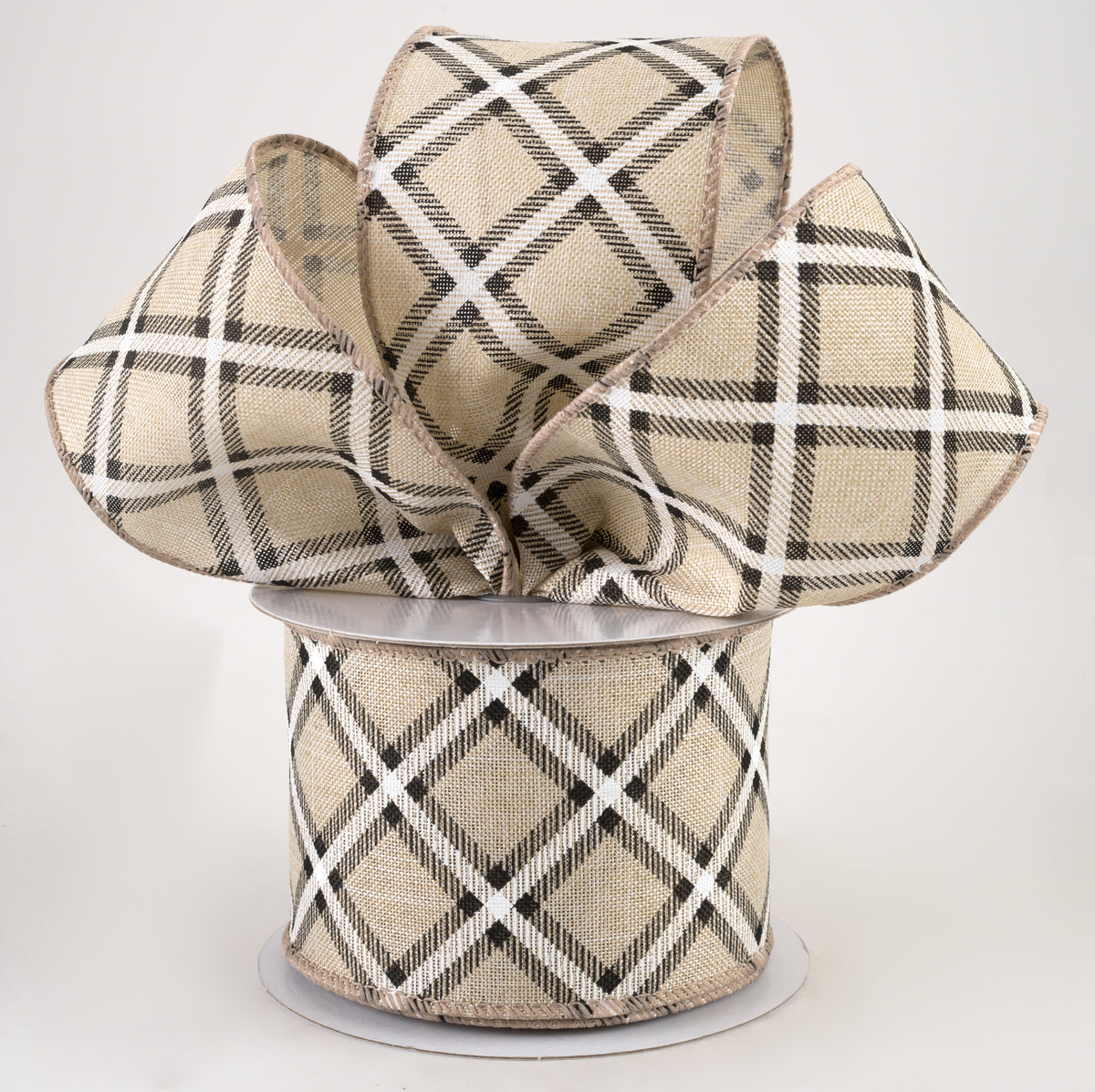 2.5" Linen Asher Plaid Ribbon: Light Natural, Black & White (10 Yards) Lifestyle Photo