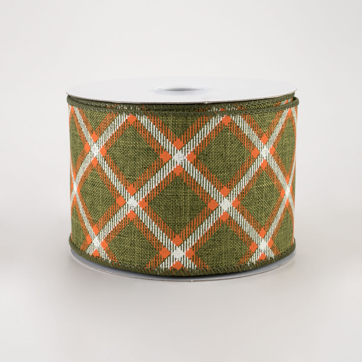 2.5" Linen Asher Plaid Ribbon: Moss, Orange & White (10 Yards) Item Number: 61204-40-08