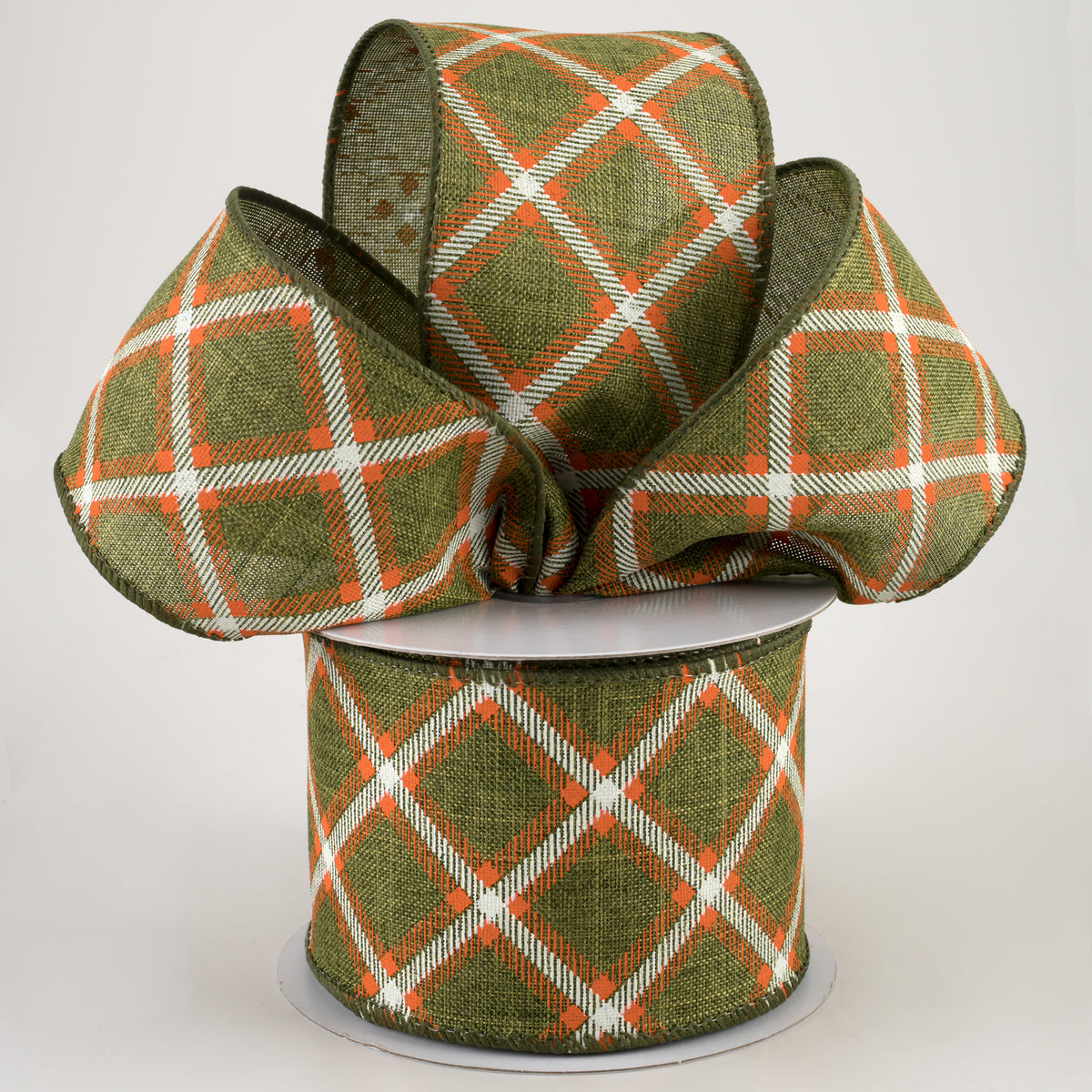 2.5" Linen Asher Plaid Ribbon: Moss, Orange & White (10 Yards) Lifestyle Photo